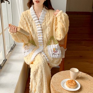 現貨長袖睡衣女好看套裝秋冬新款熱銷珊瑚絨短版加厚睡袍甜美可愛