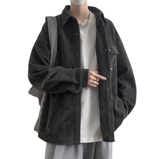 男士燈芯絨刷毛加厚保暖襯衫 休閒復古外套襯衫 黑色冬季保暖襯衫