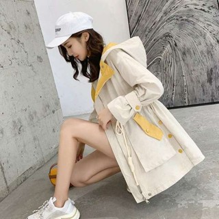 學生春秋上衣新款外套韓版風衣女2024連帽中長款寬鬆休閒拼色大尺碼