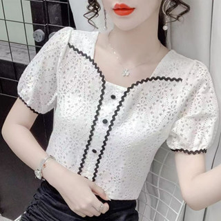 亞洲靈感女式上衣巴龍襯衫,現代菲律賓上衣休閒純孔眼刺繡珍珠扣對比色蕾絲襯衫加大碼棉質正裝休閒(白色)