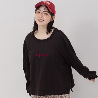 【PolyLulu】 波妞日常撞色圓領刺繡大學TEE 中大尺碼上衣 黑色