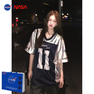 美式vintage💗歐美風短袖 美式復古緞面拼接球衣女t恤V領短袖男夏季運動半袖上衣潮 足球服 女上衣 寬鬆上衣