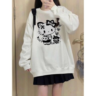 秋季復古 Hello Kitty 卡通動漫印花女式圓領衛衣休閒寬鬆情侶長袖上衣
