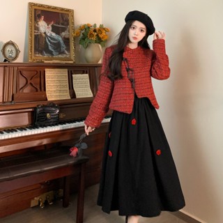 S-4XL 新年紅色兩件套 紅色小香風夾棉外套+黑色半身裙兩件套 大尺碼女裝 大尺碼套裝女 新年穿搭 梨形身材