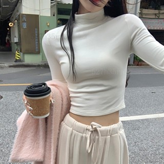 韓版高領內搭長袖 微刷毛 長袖T恤女 辣妹 純棉 修身 顯瘦 短版長袖 長袖上衣 短版 T恤 短版上衣 鞦鼕女裝 #1