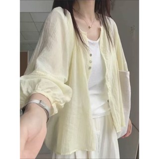 【HOT 本舖】 夏季法式紫色寬鬆天絲薄款長袖襯衫女小個子防曬襯衣氣質外搭上衣