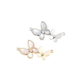 宏雲Hongyun-Ala新品-鑲嵌天然白蝶貝14k包金雙蝴蝶吊墜珍珠項鍊雙吊掛件diy首飾品配件