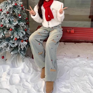 =我滴寶=❤〓聖誕刺繡小狗牛仔褲女微胖冬季新款高腰顯瘦加絨保暖闊腿褲拖地褲✨👏