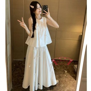 女神Girl穿搭💝甜美2024夏季設計蝴蝶結套裝寬鬆白色無袖背心高腰半身裙上衣 明星裙 顯高 顯瘦 日系