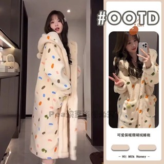 Pea豌豆~睡衣 睡袍 可愛睡衣 保暖 甜美 可愛 多巴胺 彩色連帽睡衣 女新款鼕季法蘭絨保暖傢居服睡袍✨