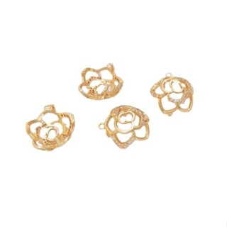 宏雲Hongyun-Ala新品-14K包金保色微鑲鋯石玫瑰花包圓珠託吊墜手工diy鑲嵌水晶珍珠空託