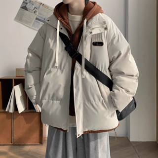 男外套 羽絨外套 假兩件棉服 寬鬆休閒加厚保暖棉衣日系潮流 連帽棉 羊羔絨 棉服 羽絨 外套 冬季外套 棉衣 安木與島