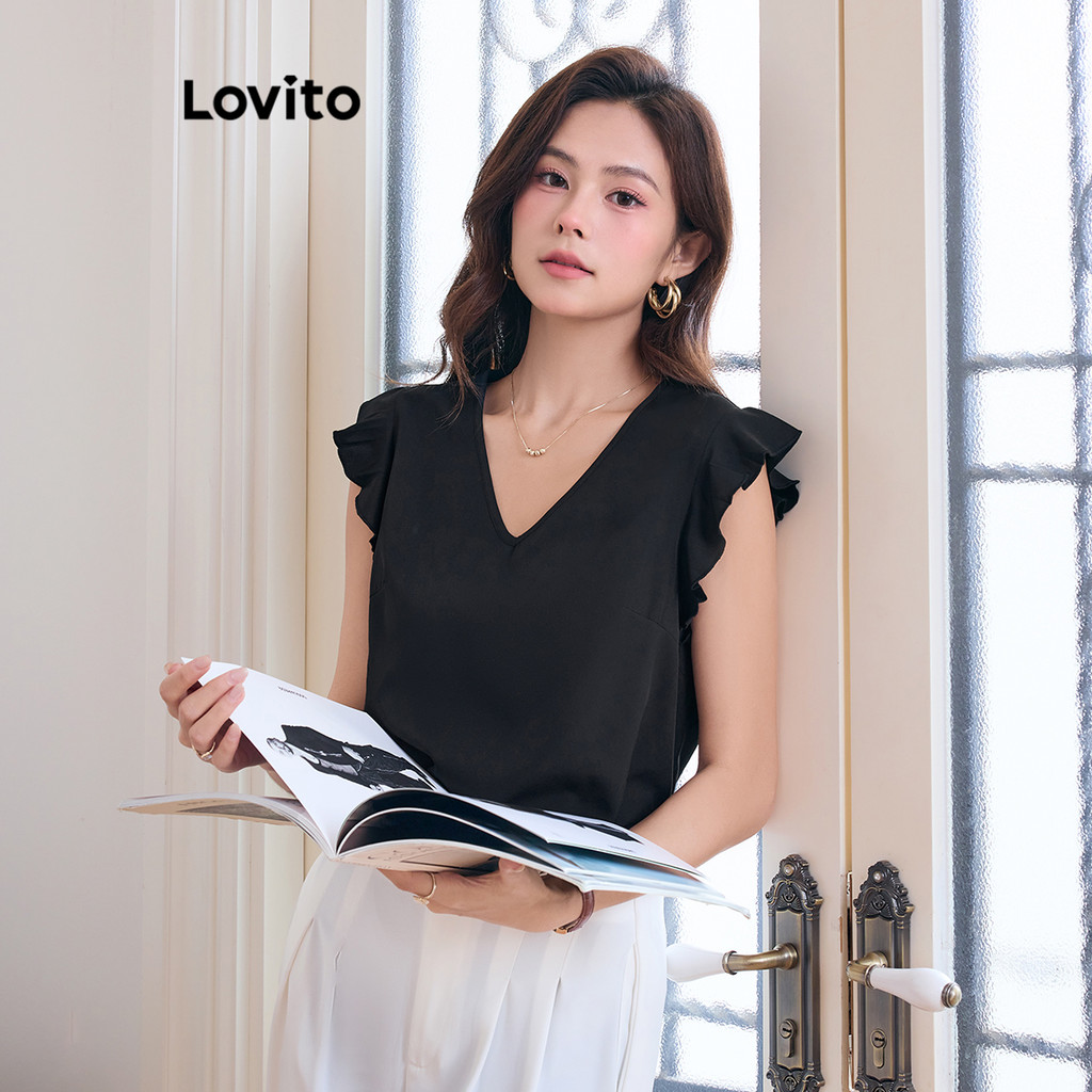 Lovito 女士休閒素色荷葉邊襯衫 L109MD057