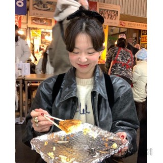 韓系穿搭秋冬季皮衣外套上衣 文藝複古飛行員翻領皮衣短款夾剋外套 時尚潮流純色皮衣外套上衣 百搭翻領外套上衣
