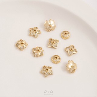 宏雲Hongyun-Ala新品-14K包金鋯石花托珠帽隔片四葉草吊環半孔珠託diy手鏈耳環飾品配件