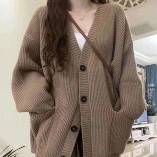 韓國 素色 日係小個子穿搭 慵懶風 v領 針織 毛衣外套女生 可愛 中長款 寬鬆顯瘦 長袖休閒上衣 #W
