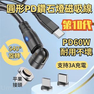 圓形PD鑽石燈磁吸線 第10代 540° 快充彎折數據線 60W傳輸線 TypeC 遊戲充電線 20W 蘋果 磁吸充電線