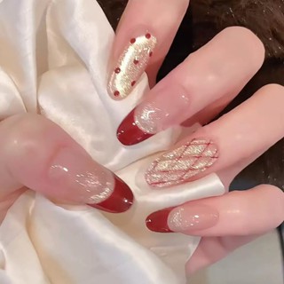 𝕌ℕ𝕀𝕂𝕆𝕆 秋冬新年款 紅色手工 穿戴美甲 波點 貓眼格紋 法式高階感 日常短款 指甲貼片 美甲 手工指甲