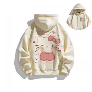 Hello Kitty 印花字母卡通可愛動漫連帽衫女秋季學院風寬鬆休閒情侶長袖上衣