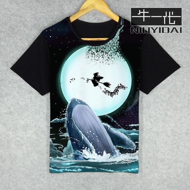 海洋動物鯨魚卡通圖案男女T恤青少年潮牌黑色短袖圓領上衣服夏季