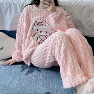 2024秋冬季睡衣新款刷毛可愛加厚家居服保暖套裝kitty貓睡衣冬季 均碼（80-130斤可穿） 秋冬新款睡衣