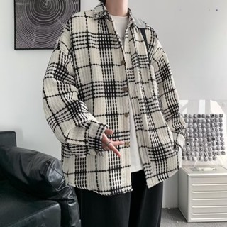 男士夾克外套 男裝小香風外套 黑白格子襯衫外套