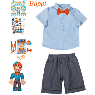 英文教師 Blippi 服裝兒童男孩襯衫吊帶短褲眼鏡帽子 Terno OOTD 角色扮演萬聖節派對服裝配飾全套