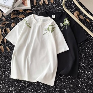 花卉字母刺繡短袖M-3XL 高街刺繡花卉短袖t恤 夏季寬鬆小眾設計感 情侶上衣
