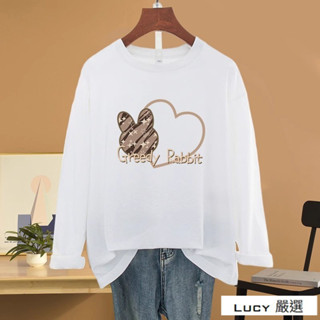 Lucy💕長袖T恤女生衣服顯瘦薄款長袖上衣女2024秋季穿搭印花圖案T恤寬鬆圓領百搭韓版長