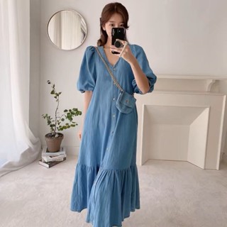 【HOT 本舖】 韓國chic夏季復古小眾V領單排扣寬鬆休閒荷葉邊短袖仿牛仔連衣裙