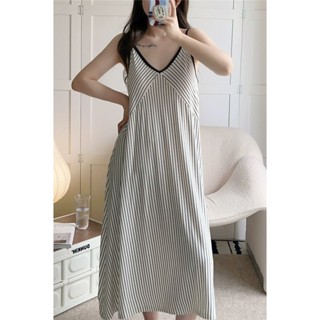 《現貨下單》性感簡約條紋吊帶睡衣裙女夏天新款寬鬆大尺碼中長款甜美可外穿睡裙