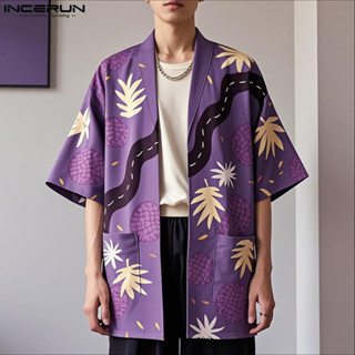 INCERUN 男士韓版時尚印花休閒短袖開衫襯衫 Presale