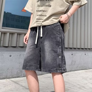 【HOT 本舖】男裝 設計感排扣牛仔短褲男款夏季復古vibe運動馬褲hiphop潮牌五分褲子