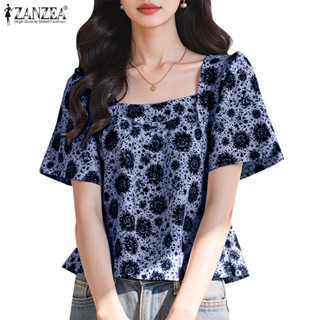 ZANZEA 女式韓版時尚休閒方領短袖泡泡袖花朵寬鬆上衣