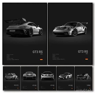 流行黑白德國豪華跑車海報墻藝術 911 GT3 RS 渦輪高畫質列印帆布畵適用於車庫客廳裝飾 TZE9