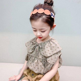 臺灣出貨 韓版夏裝套裝日版2022新款夏季套裝女童娃娃棉布襯衫洋氣寶寶短袖上衣咖啡色短褲潮洋氣上衣
