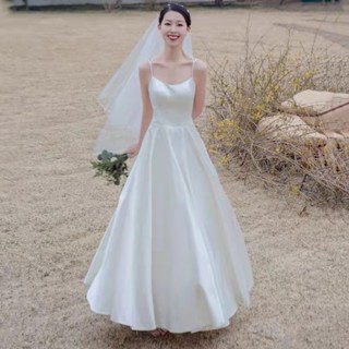 緞面輕婚紗新款乳白色簡約清新新娘結婚旅拍吊帶緞面禮服