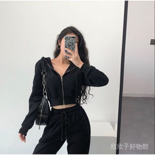 🔥免運酷颯歐美風女生長袖開衫外套 時尚短版寬鬆百搭連帽衛衣 收腰顯瘦上衣短版衛衣 純色素麵拉鏈開衫衛衣女生短版外套長袖帽