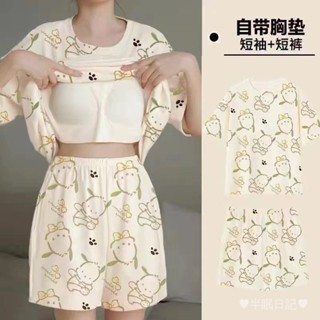 【保固 免運】關注領取九折 居家服 套裝 睡衣女夏季短袖套甜美帶胸墊韓版卡通學生休閒家居服寬鬆大碼夏天