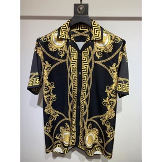 Versace2002 歐洲站新款男士大尺碼時尚休閒緊身潮流短袖花色襯衫