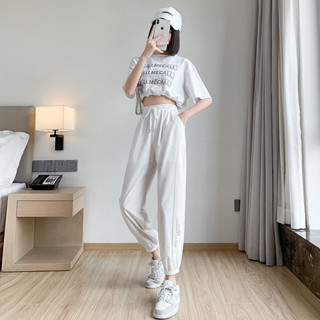 優品 冰絲速幹運動褲女夏季薄款笑臉寬鬆束腳九分衛褲休閒涼涼燈籠褲子 韓版長褲休閒褲YM