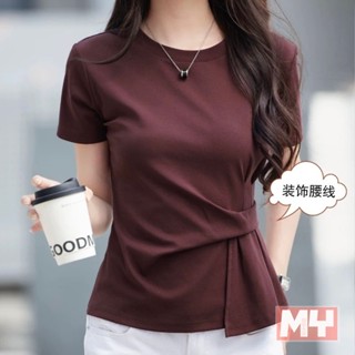 40支螺紋純棉時尚短袖T恤女夏設計感大碼顯瘦高腰綁帶不規則上衣 衣服女 上衣女 寬鬆上衣 女生短袖 夏季短袖