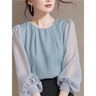 新品發佈 25-06 直髮 法式絕美長袖上衣女2024早秋新款氣質小衫今年流行雪紡襯衫