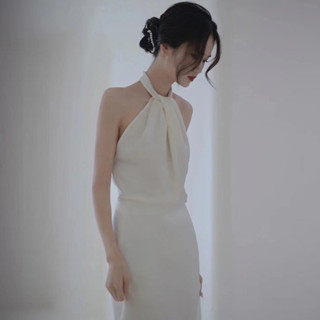 法式緞面輕婚紗2025新款洋裝新娘氣質簡約魚尾迎賓出門紗超仙掛脖禮服