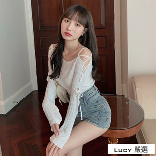 Lucy💕綁帶性感露肩長袖 針織衫上衣女 初秋2025新款百搭 網紅顯瘦素色體恤