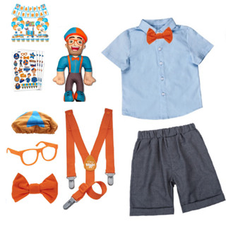 英文教師 Blippi 服裝兒童男孩襯衫吊帶短褲眼鏡帽子 Terno OOTD 角色扮演萬聖節派對服裝配飾套裝