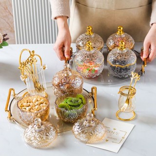 【金色裝飾】✨新品 免運✨歐式糖果罐家用玻璃儲物罐帶蓋水果盤甜品碗茶几點心零食擺放盤