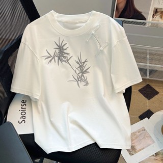 愛依依 大碼女裝 盤扣上衣 短袖T恤 純色上衣 S-4XL新中式國風竹子刺繡短袖T恤-4875.