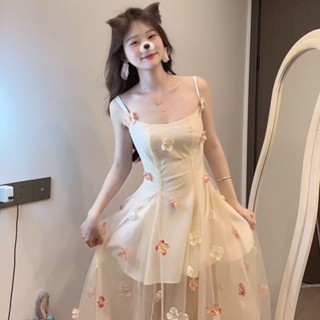 【HOT 本舖】 法式吊帶連衣裙女浪漫花朵超仙長裙2025新款高階感粉色網紗晚禮服