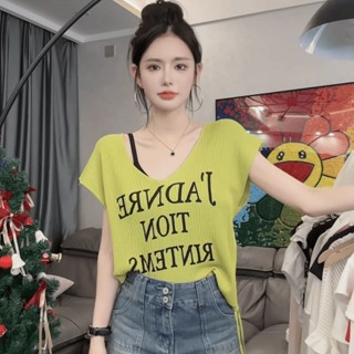 【砂糖夢境】字母印花無袖針織T恤女夏季設計感抽繩褶皺顯瘦百搭甜辣V領上衣潮